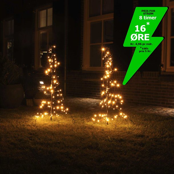 2 stk. LED juletræer på 1,5 meter med 240 LED’er i varm hvid, inklusiv stænger, pløkker og timer KEV 2001